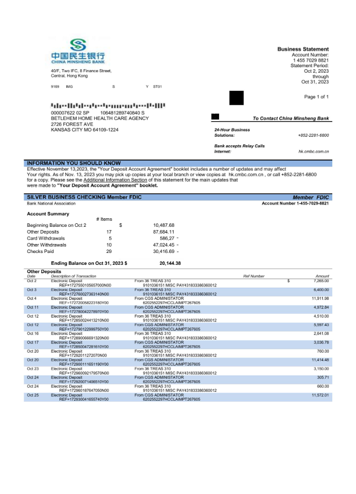 Modèle Word et PDF de relevé de compte d'entreprise de la China Minsheng Bank